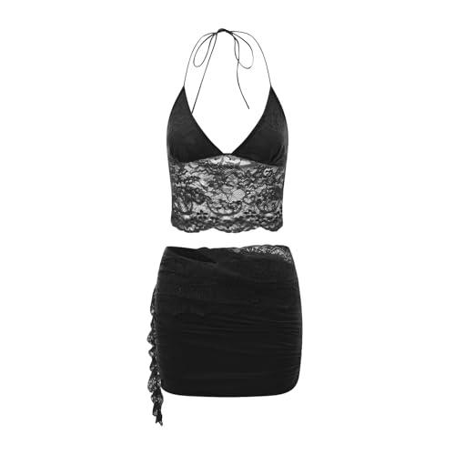 Owl's-Yard Womens Skirt 2Pcs Set Sheer Lace Flower Slim Fit Halter Cami Tops and Asymmetric Ruched Mini Short Skirt Outfits4