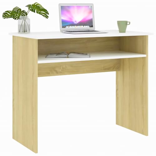 Image of MATTERHORN Engineered Wood Office Table, Work from Home Table with Shelf for Storage (DIY, 900 x 500 x 750 mm, MOOT-10002FebVar) (Beige and White)