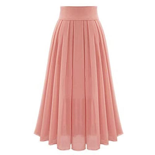 Womens Elastic High Waisted a Line Plain Midi Swing Pleated Skirts Shirring School Girl Uniform Long Skirt