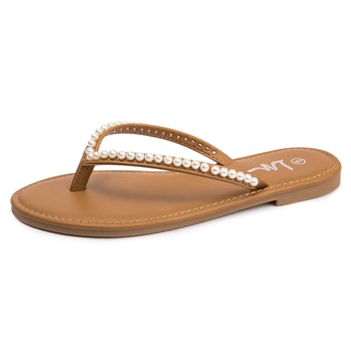 Image of LM Women's Pearls Strappy Flat Sandals Thong Sandals Flip Flop Slip On Slide Sandals for Women Dressy Summer