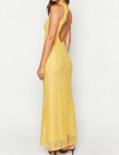 Image of Elegant Lace Floral V Neck Backless Bodycon Dresses for Women Sexy Cut Out Low Back Sleeveless Maxi Dress Wedding Guest