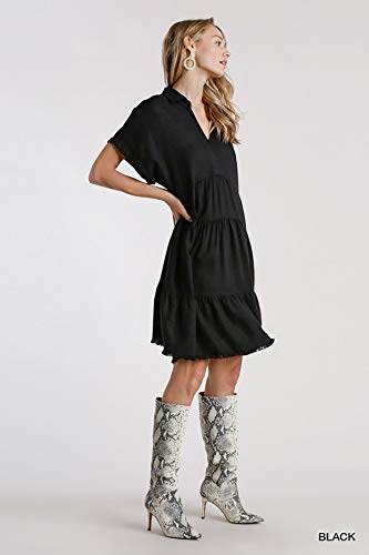Umgee Women's Collared Ruffle Frayed Hem Tiered Mini Dress (1X, Black) #TOP3