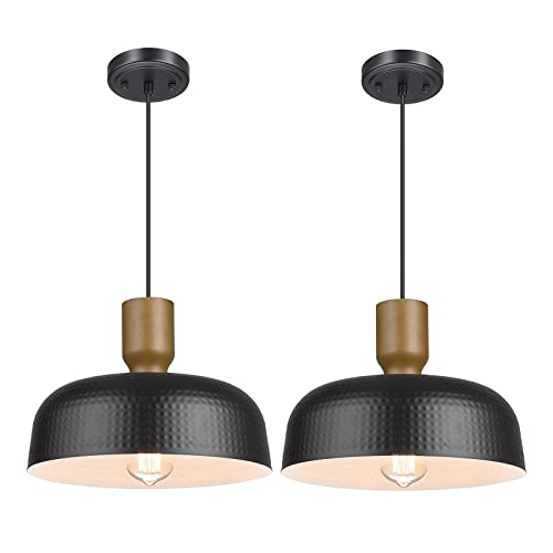 Image of Darkaway Industrial Pendant Light Fixtures Ceiling Hanging with Hammered Metal Shade, Black Pendant Light for Kitchen Island Lighting Hanging Lamp Adjustable Height, Medium 2 Pack