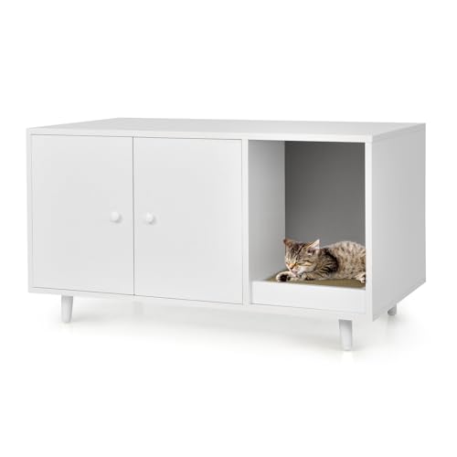 LIFEZEAL Armoire 2 en 1 pour Chat avec Griffoir, Table Basse avec Maison, 2 Portes et Pieds Relevés, Bac à Litière, Niche, Marron (Blanc)