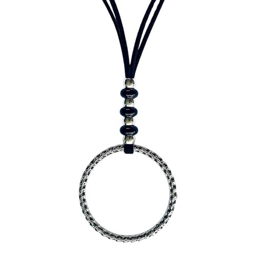 ASTER ALHELÍ – Colgante Mujer Plateado con Piedras Ágatas Negras – Collar Largo Ajustable con Antelina Negra – Accesorio Artesanal con Significado – Ideal para Regalo Original