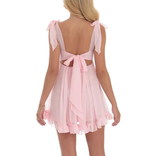 Women Y2k Tulle Babydoll Mini Dress Tie Shoulder Sleeveless Ruffled A-Line Flowy Short Dress Beach Streetwear4