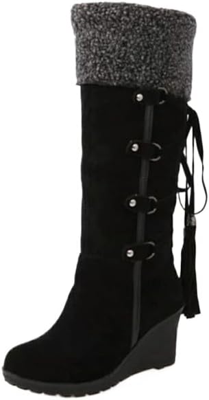 Women's Winter Thermal Lined Snow Boots, Stylish Tassel Decoration,Fashion Outdoor Boots, Women's Footwear Comfortable Mid-calf Sloped Heel