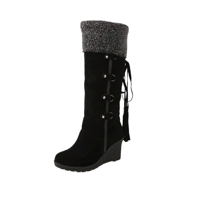 Womens Winter Thermal Lined Snow Boots Stylish Tassel Decoration Fashion Outdoor Boots Womens Footwear Comfortable Mid-calf Sloped Heel