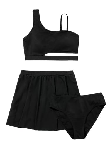 Image of Milumia Girl's 3 Piece Swimsuits Letter Print Asymmetrical Neck Cut Out Bikini Set with Beach Skirt Black 8-9 Years