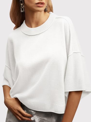 Image of Saodimallsu Womens Short Sleeve Sweater Summer Oversized Cropped Sweaters Casual Crewneck Lightweight Knit Tops