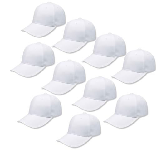Lista de Cachuchas Blancas para comprar hoy. 41 Paquete 10 Gorras Económicas de Acrilico, Lisa, Cachucha Unisex, Ajustable, Ideal para Bordar y Campañas Publicitarias. (MX/US, Alfa, Talla única, Blanco)