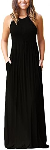 GRECERELLE Women's Round Neck Sleeveless A-line Casual Maxi Dresses with Pockets Black