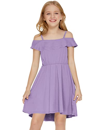 Yimoroe Girl's Cold Shoulder Flounce Sleeve Adjustable Strap Elegant Casual Dresses Stretchy Frocks 6-12 Years Kids Light Purple #TOP1