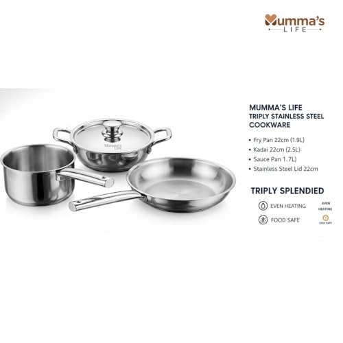 Image of Mumma's LIFE Triply Cookware Set | 4-Piece Stainless Steel Triply Cookware Set | Fry Pan 22 cm (1.9 L) | Kadai 22 cm (2.5 L) | Sauce Pan 16 cm (1.7 L) | Durable & Easy to Clean