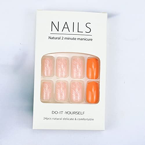 Orange Press On Nail Short Leaf Fake Nail Glue On Nails White Leaf Orange Nail Design For Acrylic Nail Full Cover Manicure Salon False Nail Diy Tips For Women Girls #TOP4