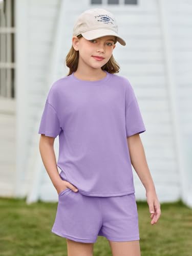 Image of Haloumoning Girls Summer 2 Piece Outfits Kids Oversized T Shirts and Shorts Clothing Sets 5-14 Years