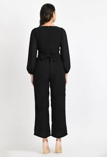 Image of V&M Women's Black V-Neck Jumpsuit | Full Sleeve Straight-Leg One-Piece with Side Pockets | Elegant Western for Office, Party & Evening Outfits