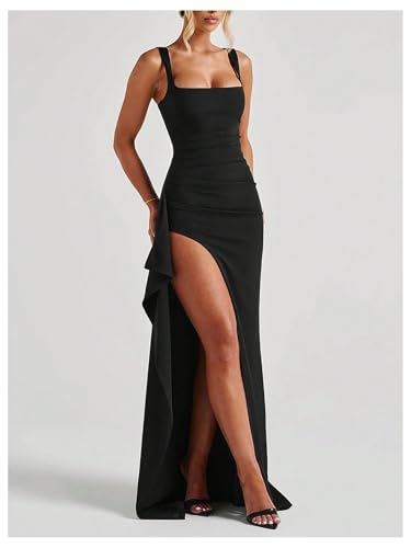 Floerns Women's High Split Tank Dress Sleeveless Ruched Square Neck Formal Party Maxi Dresses2