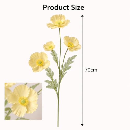 Image of CURATED CART Artificial Flowers Bunch of 2 Poppy Yellow Flowers, 70cm Real Touch Fabric Flowers with Stems, 4 Blooming Heads, Fake Flowers for Home Decor, Party, Wedding, Party Decorations