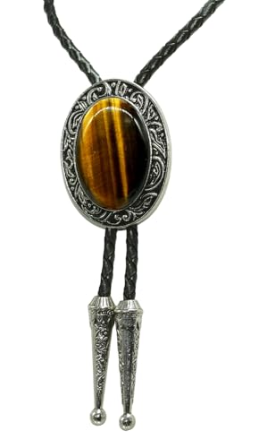 Image of Moranse Bolo Tie with Natural Tiger Eye Stone Celtic Style Genuine and Cowhide Rope