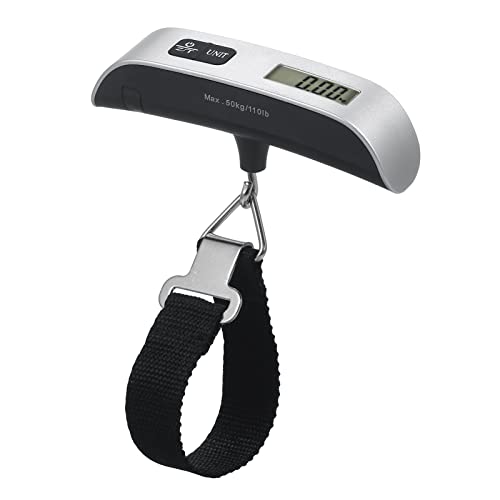Báscula de Peso para Equipaje de 50 Kg, Pantalla LCD Grande con Retroiluminación, Batería de Larga Duración Incluida, Estructura Metálica, Plateada