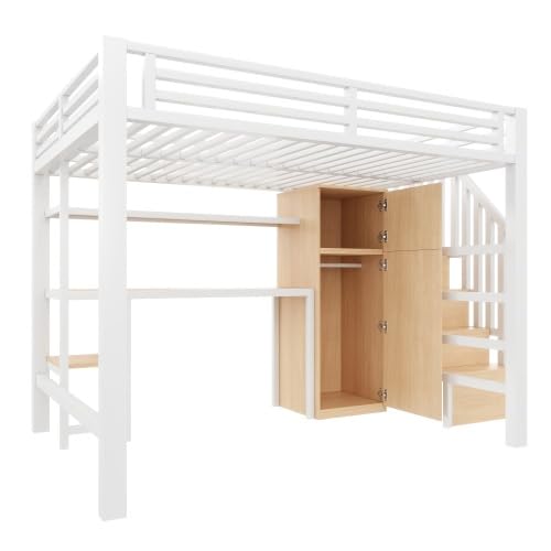 Merax Metall-Hochbett 140x200 mit Schreibtisch, Regal, Kleiderschrank, Stauraumtreppe und LED-Licht – Weiß, Ideal für Kinderzimmer, Jugendzimmer und kleine Apartments