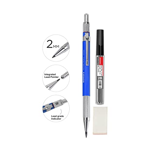 Image of Isomars Draftex 2B Mechanical Pencil Set - 0.5mm & 2mm Blue Technical Pencils with Graphite Leads & Erasers | Drafting, Drawing, Sketching, Engineering & Writing Set of 2