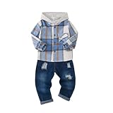 JOIMOCY Toddler Boy Clothes 4T Boys Pocket Hoodie Sweatshirt Ripped Jean Fall Winter Clothes Set, Blue Plaid Hoodie Shirt Jeans 4-5T