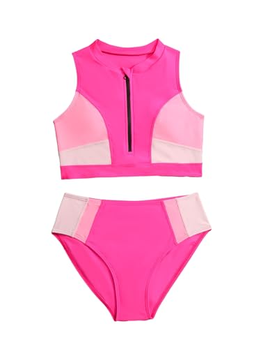 Image of COZYEASE Girls' 2 Piece Swimsuits Colorblock Zipper Front Cute Bikini Set High Waisted Bathing Suit Hot Pink 11 Years