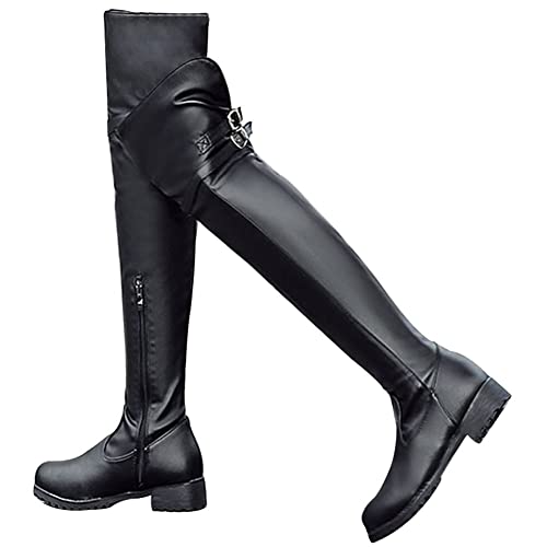 Aosphiraylian Womens Thigh High Boots, Pointed Toe Low Chunky Heel Flat Slip On Sexy Pu Leather Surgical Stretch Riding Over The Knee High Boots #TOP9