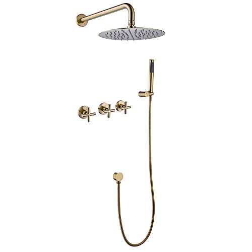 Rbrohant Gold Shower System Brass Shower Faucet Set, 10 Inch High Pressure Round Rain Shower Head With Handheld Spray, Wall Mounted, Rough-In Valve Included, Brushed Gold, Rcs81010Bg #TOP1