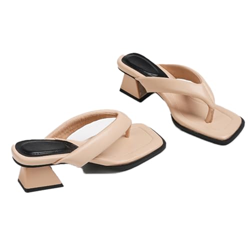 Women's Leather Low Block Heel Square Toe Flip Flops Comfort Open Toe Slip On Chunky Heel Clip Toe Sandals Summer Casual Party Beach Slides