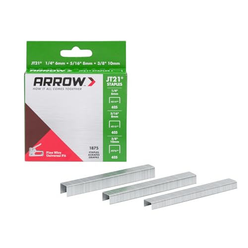 Arrow 21MP1 JT21 Thin Wire Staples Multipack for Staple Guns and Staplers, Use for Upholstery, Crafts,General Repairs, Includes 1/4-Inch, 5/16-Inch, and 3/8-Inch Sizes, 1875 Count,(Packaging May Vary)