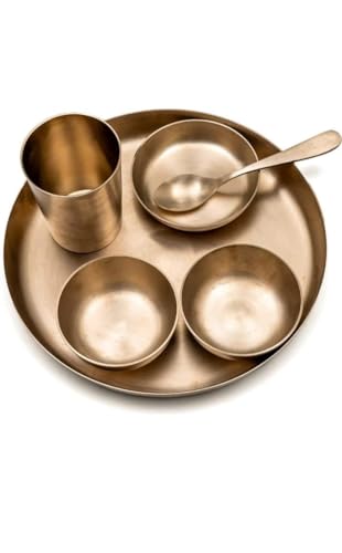 BONA FIDE - Unit of signature metal exports Kansa Thali Dinner Set | Bronze, 6 Pieces,Dinner Set,Heavy Gauge Matte Design,Thali Size 11 Inch(1800GM),Kansa/Bronze Thali Set, 6-Piece,Matte Finish