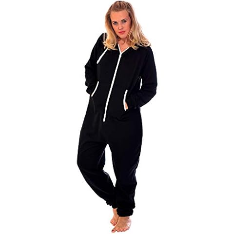 Nouvelle Collection Womens Plus Size All in One Onsie Ladies Thick Warm Fleece Jumpsuit Hooded Zip Closure Ribbed Cuffed Black 5XL Cover