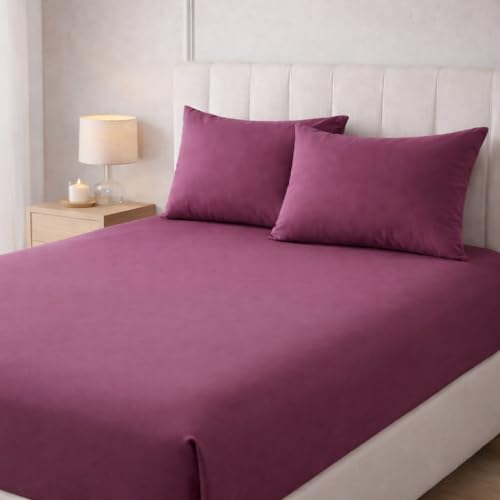 Image of 400TC Cotton Feel Glace Cotton Double Bed Elastic Fitted Bedsheet King Size Set || Includes 1 Solid Plain Fitted Bedsheet King Size with 2 Pillow Covers (78 x 72 Inches, Plum)