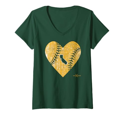 Womens Vintage Oakland Baseball Heart V-Neck T-Shirt