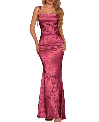 Image of GLNEGE Wedding Guest Maxi Prom Dress Lace Up Satin Formal Dresses for Women | Spaghetti Strap Cocktail Elegant Bridal Shower Wgute Dress Bodycon Mermaid Long Evening Black Tie Dresses for Women