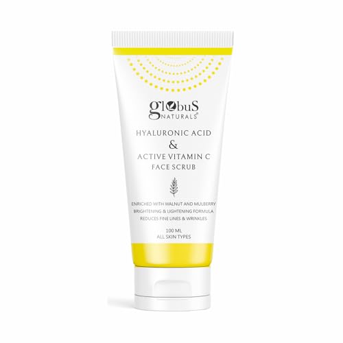 Image of Globus Naturals Hyaluronic Acid & Vitamin C Anti Ageing Face Scrub, Enriched with Rose & Glycerine, Skin Lightening & Brightening Formula, 100 gm