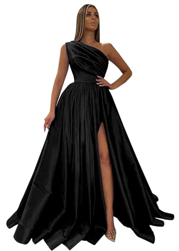 Fu Jiang Women's One Shoulder Prom Dresses 2025 Satin Long Ruched Formal Evening Gowns with Slit