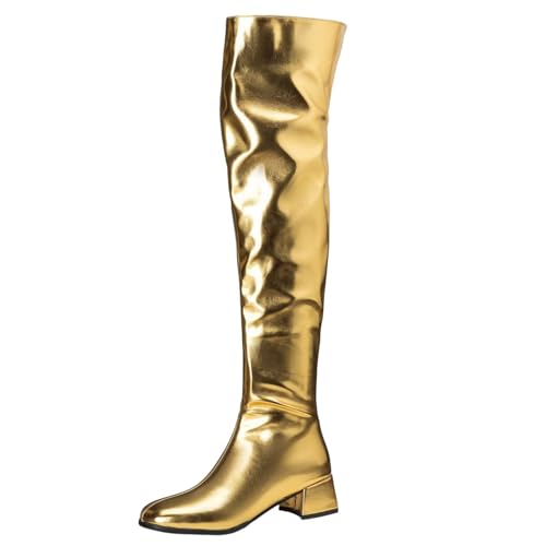 ZOGEER Womens Gold Over The Knee High Boots Chunky Low Heel Thigh High Boot Square toe Tall Fall Winter Long Shoes Zipper Gold 45