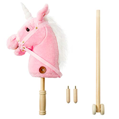 image for HollyHOME Plush Unicorn Stick Horse with Wood Wheels Real Pony Neighin