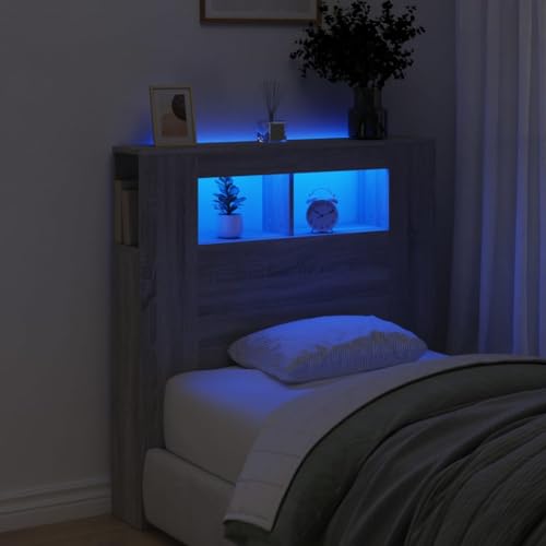 Mandloder Cabecero LED gris Sonoma 100 x 18,5 x 103,5 cm, cabecero de cama moderno con iluminación RGB, estantes estables, material de madera, soporte para la espalda ideal para su cama