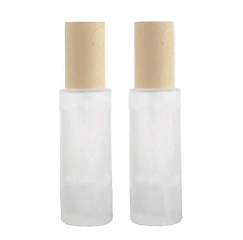 2 Pcs 60ML 2OZ Transparent Frosted Glass Empty Refillable Lotion Bottle with White Pump Head and Bamboo Lines Cap Cosmetic Emulsion Container Shampoo Dispense Vial Makeup Sample Case Jar for Travel
