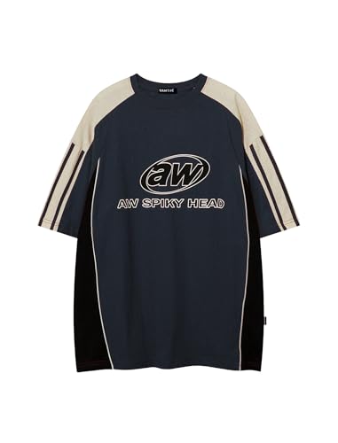 Vamtac Oversized T Shirt Classic Vintage 90s Contrast Color Graphic Tees Streetwear Racing Speedway Tops Unisex, Dark Blue, M
