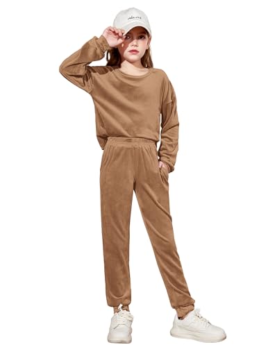 Arshiner Girls Velour Outfits 2 Piece Set Khaki Long Sleeve