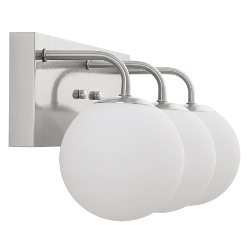 Image of Bathroom Light Fixtures, 3-Light Brushed Nickel Vanity Lights Bathroom Lighting Fixtures Over Mirror, Modern Wall Sconces Wall Lighting with Globe Frosted Milk Glass Shades