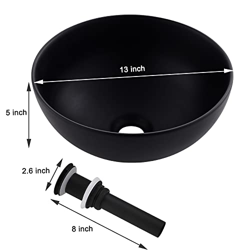 Black Round Vessel Sink With Drain Combo - Wesliv 13"X13" Matte Black Bathroom Vessel Sink Above Counter Round Porcelain Ceramic Vessel Sink Combo With Black Pop-Up Drain #TOP4
