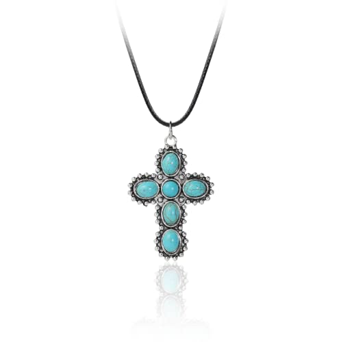 Pingyongchang Natural Turquoise Necklace Boho Bead Silver Cross Vintage Statement Pendant Necklace Handmade Turquoise Western Necklaces Jewelry for Women (Cross)
