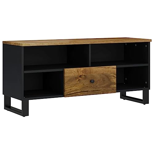 Qnhdfrt Mesa baja para TV, 100 x 33 x 46 cm, madera maciza de mango con patas de hierro, diseño moderno, para TV, salón, dormitorio